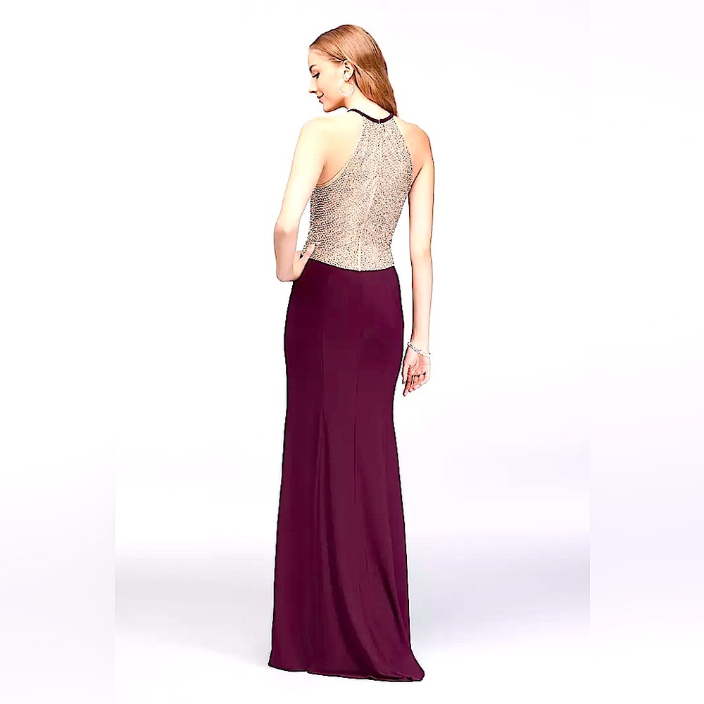 XSCAPE Embellished Beaded Evening Maxi Gown-Size 2-Burgundy Wine/Silver Beads
